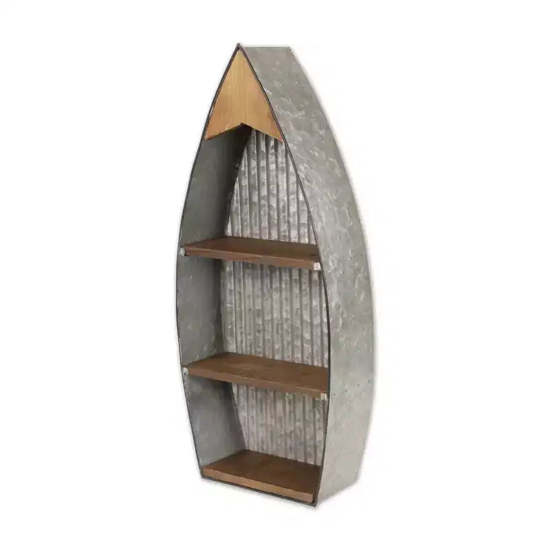Estante de pared de 3 niveles con forma de bote, marrón y gris – Acero galvanizado y madera, cerradura