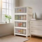 Stackable Storage Bins With Lids, 4-Tier Folding Storage Box, With Doors and Wheels, for Clothing, Toys, Snacks, Sundries Home Storage