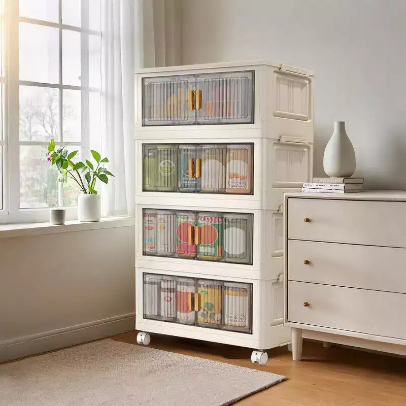 Stackable Storage Bins With Lids, 4-Tier Folding Storage Box, With Doors and Wheels, for Clothing, Toys, Snacks, Sundries Home Storage