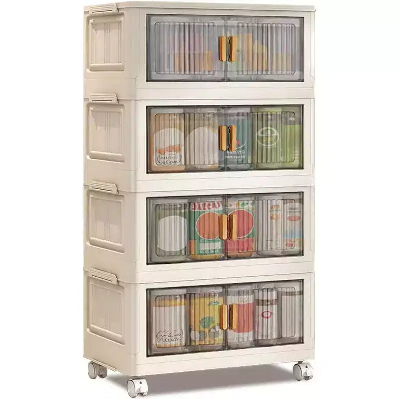 Caja de almacenamiento apilable blanca de 4 niveles con puertas, tapa y ruedas, para 1 persona
