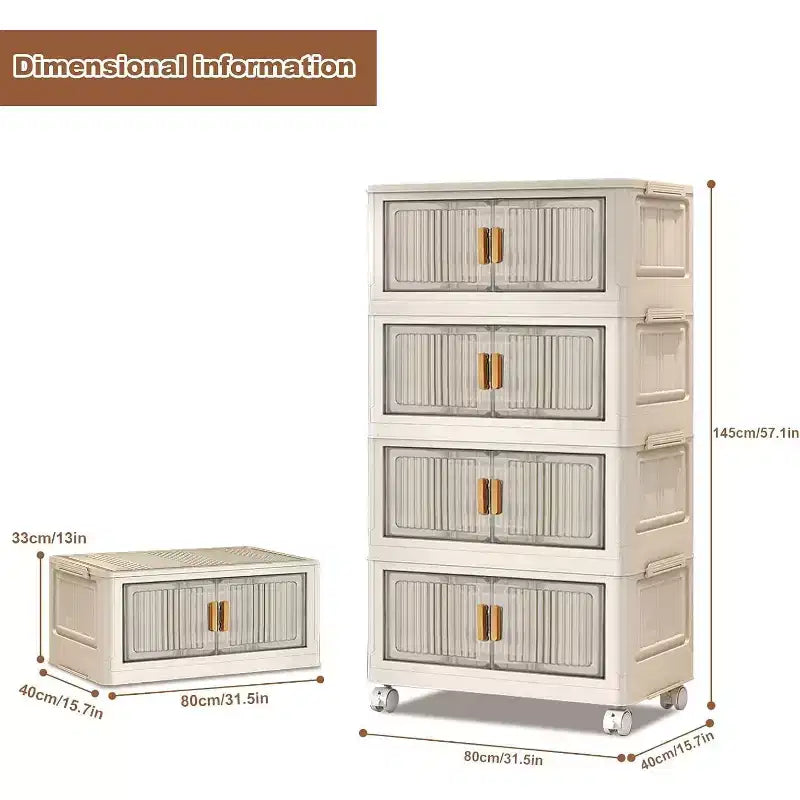 Caja de almacenamiento apilable blanca de 4 niveles con puertas, tapa y ruedas, para 1 persona