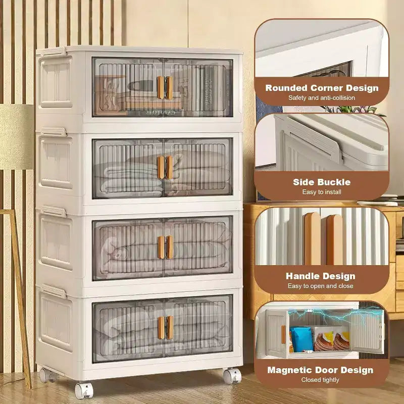 Caja de almacenamiento apilable blanca de 4 niveles con puertas, tapa y ruedas, para 1 persona