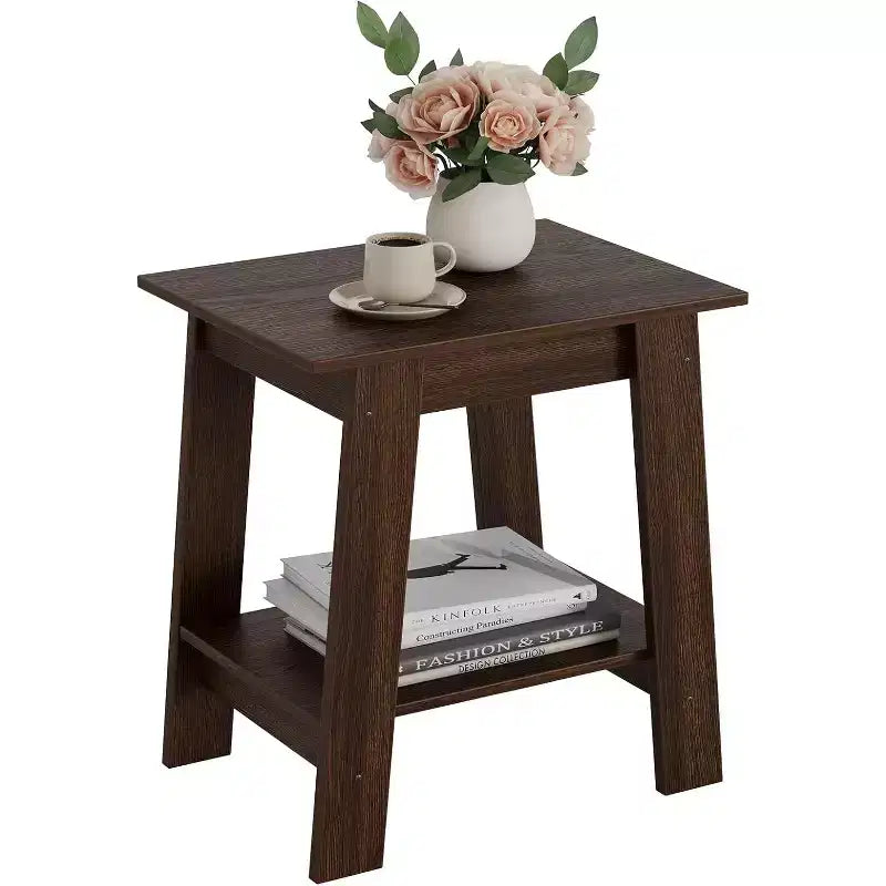 DobleePy Walnut End Table with 2-Tier Storage Shelf, Square Side Table/Nightstand for Small Space, Entryway, Living Room, Easy Assembly