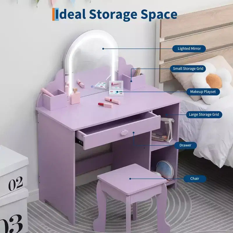 Tocador para niñas con espejo, tocador y taburete 2 en 1 para niñas pequeñas, tocador de maquillaje para niños con cajón, tocador con estantes abiertos para 3-9 años