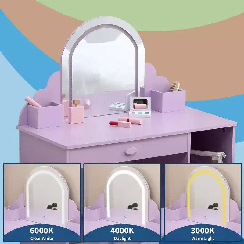 Tocador para niñas con espejo, tocador y taburete 2 en 1 para niñas pequeñas, tocador de maquillaje para niños con cajón, tocador con estantes abiertos para 3-9 años