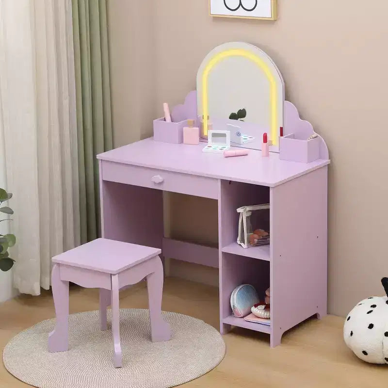 Tocador para niñas con espejo, tocador y taburete 2 en 1 para niñas pequeñas, tocador de maquillaje para niños con cajón, tocador con estantes abiertos para 3-9 años