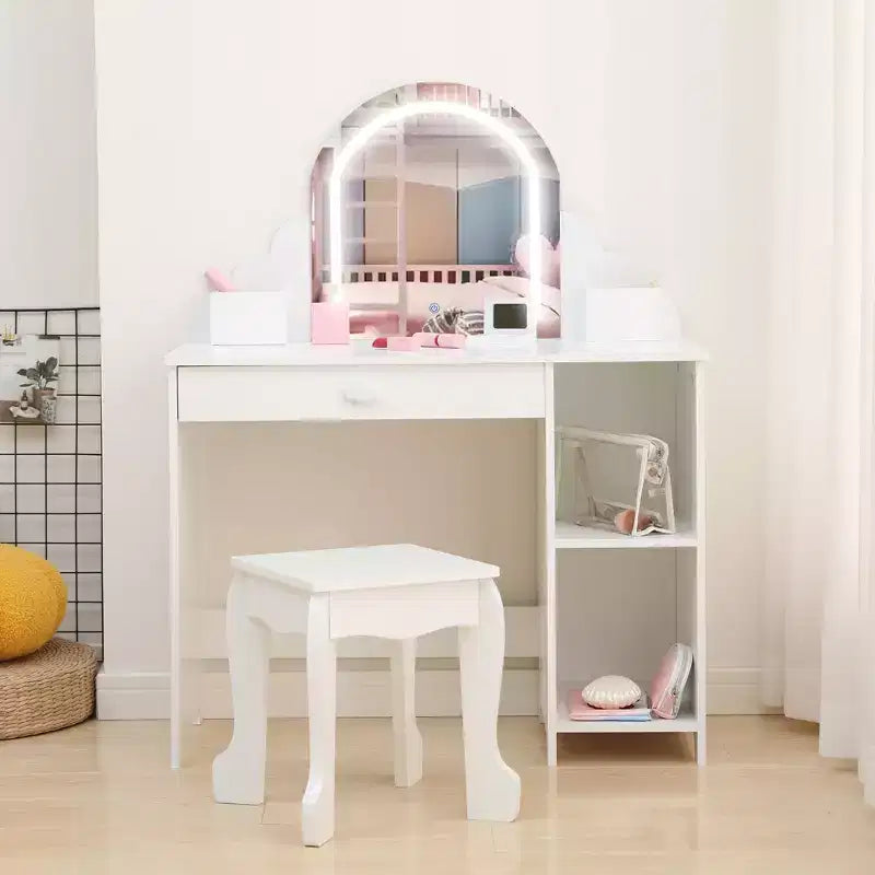 Tocador para niñas con espejo, tocador y taburete 2 en 1 para niñas pequeñas, tocador de maquillaje para niños con cajón, tocador con estantes abiertos para 3-9 años