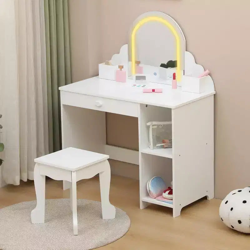 Tocador para niñas con espejo, tocador y taburete 2 en 1 para niñas pequeñas, tocador de maquillaje para niños con cajón, tocador con estantes abiertos para 3-9 años