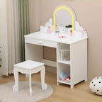 Tocador para niñas con espejo, tocador y taburete 2 en 1 para niñas pequeñas, tocador de maquillaje para niños con cajón, tocador con estantes abiertos para 3-9 años