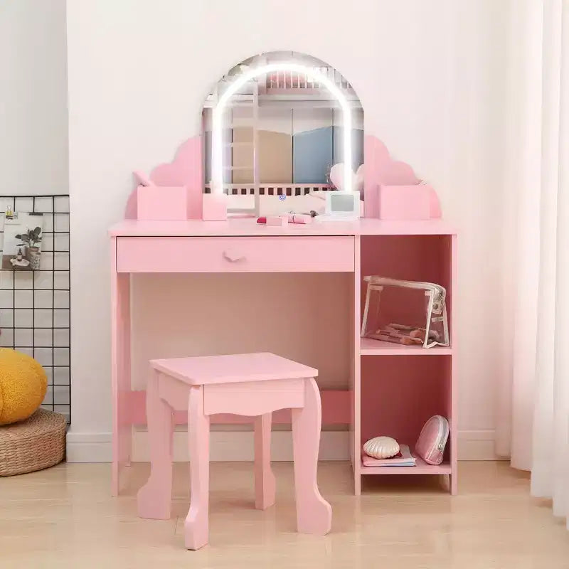 Tocador para niñas con espejo, tocador y taburete 2 en 1 para niñas pequeñas, tocador de maquillaje para niños con cajón, tocador con estantes abiertos para 3-9 años