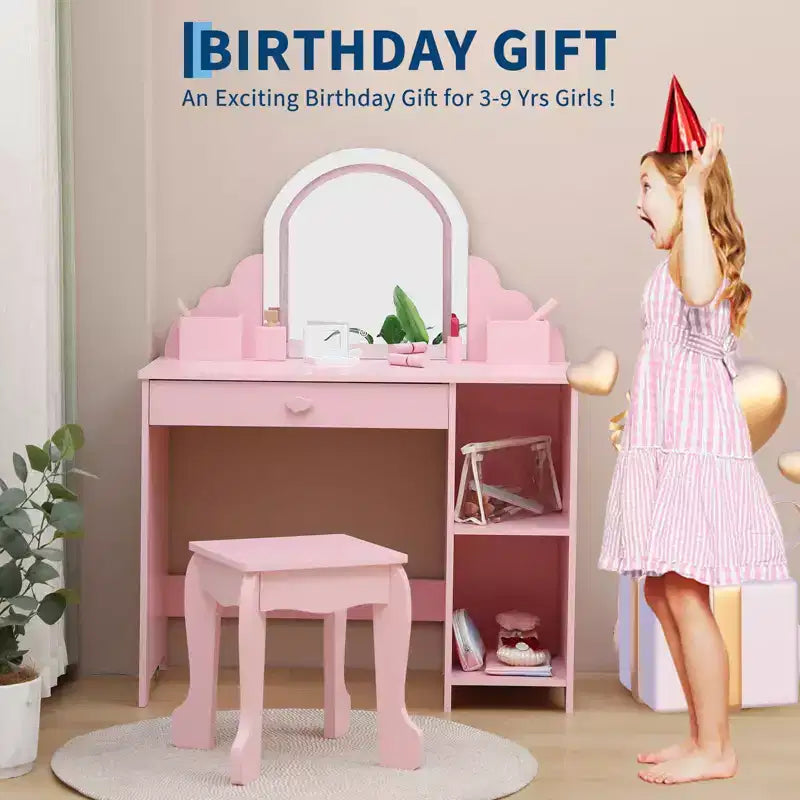 Tocador para niñas con espejo, tocador y taburete 2 en 1 para niñas pequeñas, tocador de maquillaje para niños con cajón, tocador con estantes abiertos para 3-9 años
