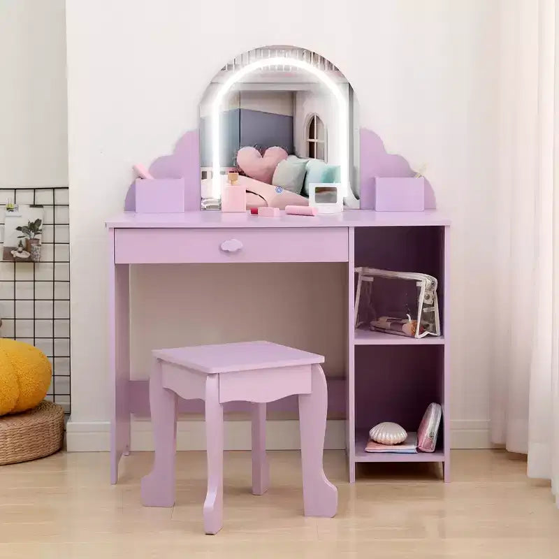 Tocador para niñas con espejo, tocador y taburete 2 en 1 para niñas pequeñas, tocador de maquillaje para niños con cajón, tocador con estantes abiertos para 3-9 años