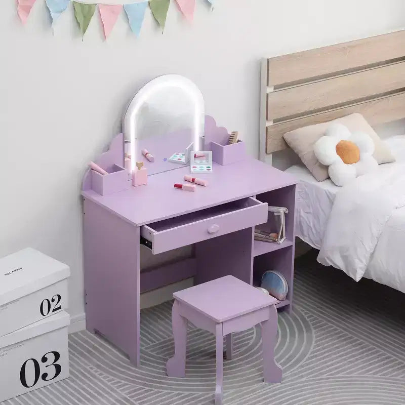 Tocador para niñas con espejo, tocador y taburete 2 en 1 para niñas pequeñas, tocador de maquillaje para niños con cajón, tocador con estantes abiertos para 3-9 años