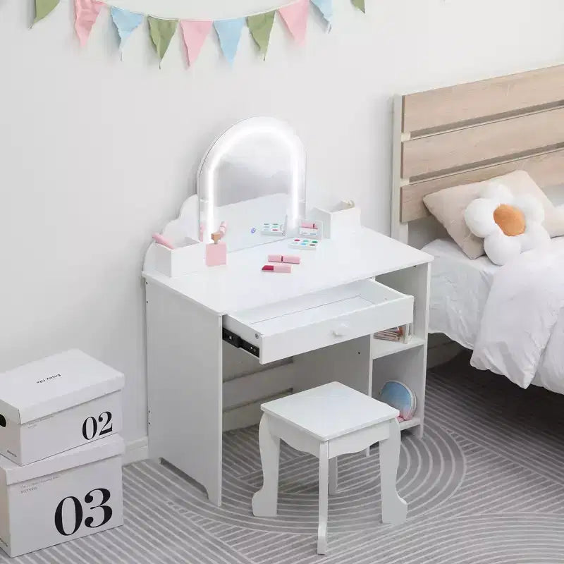 Tocador para niñas con espejo, tocador y taburete 2 en 1 para niñas pequeñas, tocador de maquillaje para niños con cajón, tocador con estantes abiertos para 3-9 años