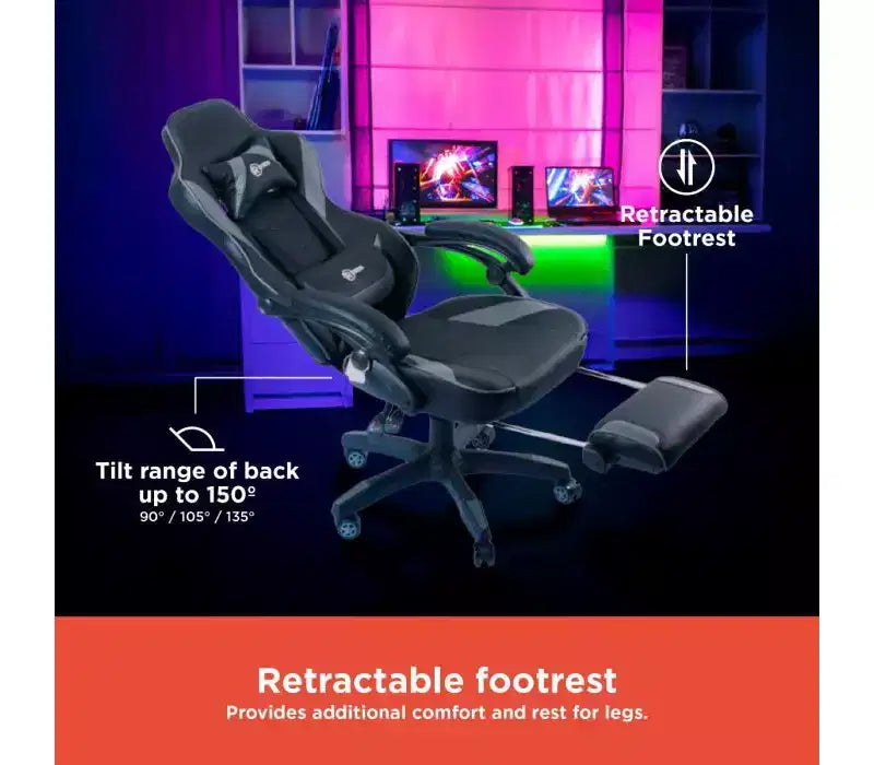 Silla de juego ergonómica estilo carreras – Negro/gris, reposapiés, soporte lumbar, 150 kg