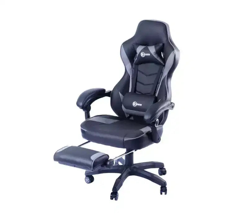 Silla de juego ergonómica estilo carreras – Negro/gris, reposapiés, soporte lumbar, 150 kg