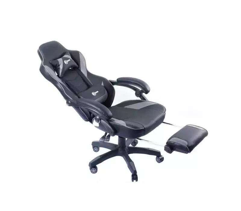 Silla de juego ergonómica estilo carreras – Negro/gris, reposapiés, soporte lumbar, 150 kg