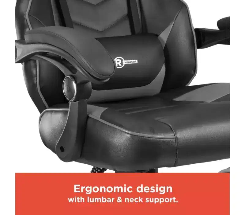 Silla de juego ergonómica estilo carreras – Negro/gris, reposapiés, soporte lumbar, 150 kg