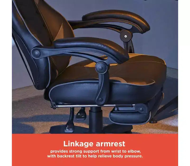 Silla de juego ergonómica estilo carreras – Negro/gris, reposapiés, soporte lumbar, 150 kg