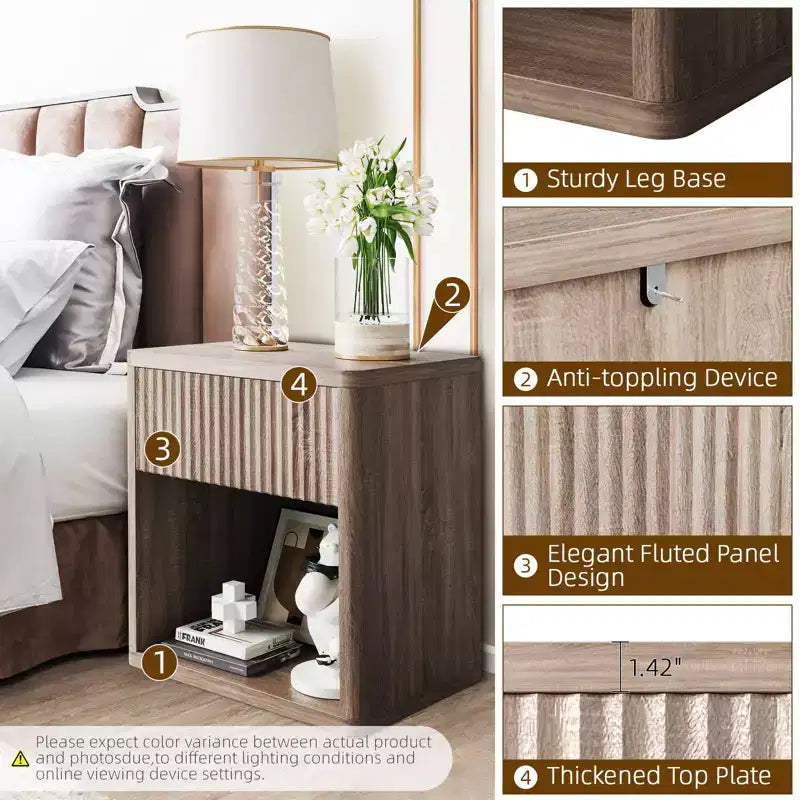Juego de 2 mesitas de noche modernas, mesita auxiliar acanalada con cajón, mesa auxiliar para sofá para espacios pequeños, mesita de noche de madera para sofá de sala de estar, oficina