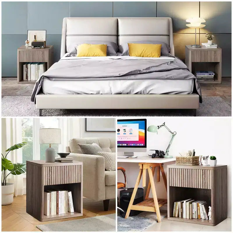 Juego de 2 mesitas de noche modernas, mesita auxiliar acanalada con cajón, mesa auxiliar para sofá para espacios pequeños, mesita de noche de madera para sofá de sala de estar, oficina
