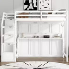 Whisen Full XL Size Loft Bed with Safety Guardrails, LED Design, Full Size Murphy Bed with Storage Stairs - White