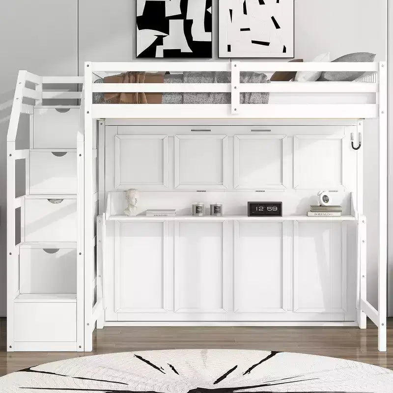 Whisen Full XL Size Loft Bed with Safety Guardrails, LED Design, Full Size Murphy Bed with Storage Stairs - White