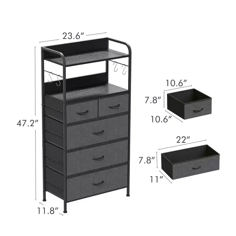 Cómoda de tela de 5 cajones con estante – Almacenamiento para dormitorio, parte trasera con estructura en X, kit antivuelco
