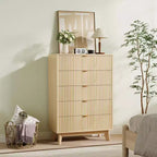 Cómoda Acanalada para Dormitorio, Cómoda Alta de Madera para Almacenamiento, Cómoda Moderna de Dormitorio con Almacenamiento Profundo de 5 Cajones de Madera