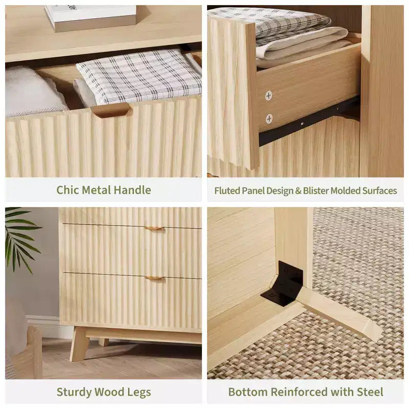 Cómoda Acanalada para Dormitorio, Cómoda Alta de Madera para Almacenamiento, Cómoda Moderna de Dormitorio con Almacenamiento Profundo de 5 Cajones de Madera