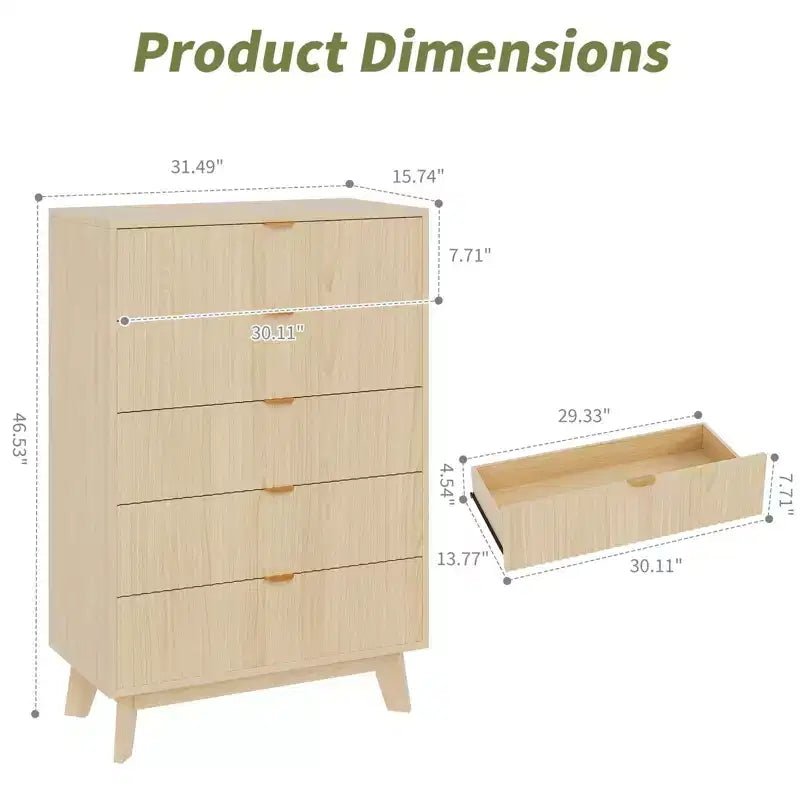 Cómoda Acanalada para Dormitorio, Cómoda Alta de Madera para Almacenamiento, Cómoda Moderna de Dormitorio con Almacenamiento Profundo de 5 Cajones de Madera