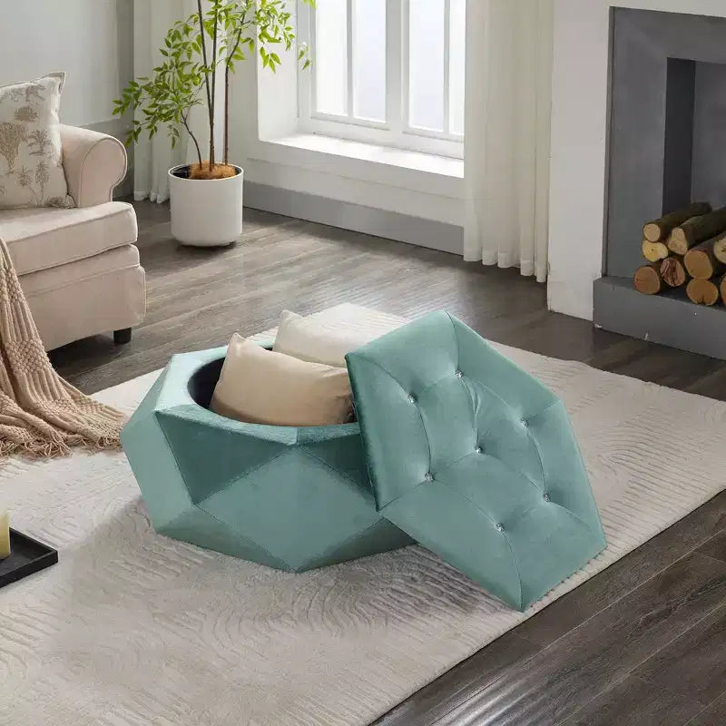 Puf otomano de almacenamiento hexagonal de terciopelo – Tapa capitoné, multifuncional, 150 kg de capacidad
