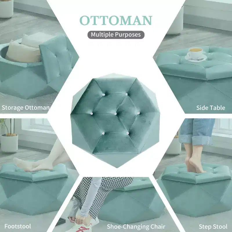 Puf otomano de almacenamiento hexagonal de terciopelo – Tapa capitoné, multifuncional, 150 kg de capacidad