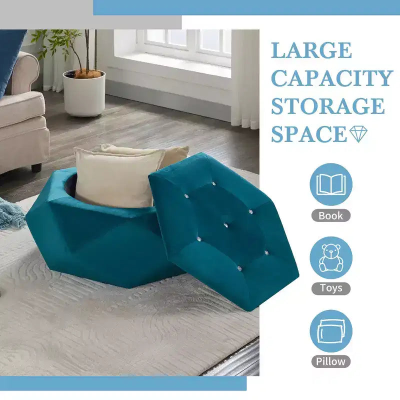 Puf otomano de almacenamiento hexagonal de terciopelo – Tapa capitoné, multifuncional, 150 kg de capacidad