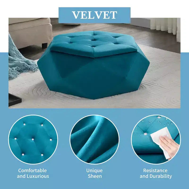 Puf otomano de almacenamiento hexagonal de terciopelo – Tapa capitoné, multifuncional, 150 kg de capacidad