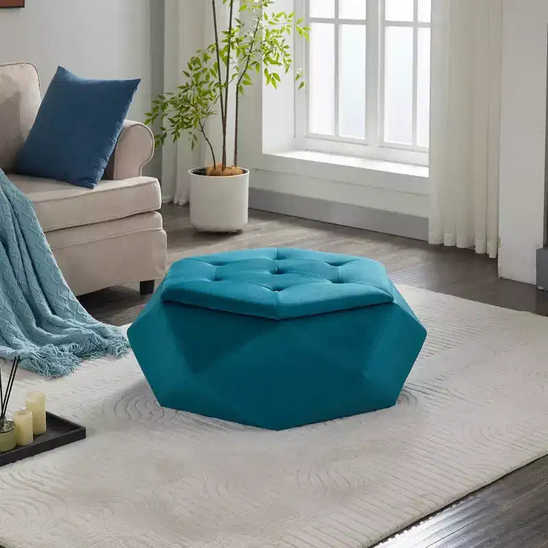 Whisen Velvet Polygon Ottoman, Spacious Storage, Diamond Tufted & Multi-Functional Comfort