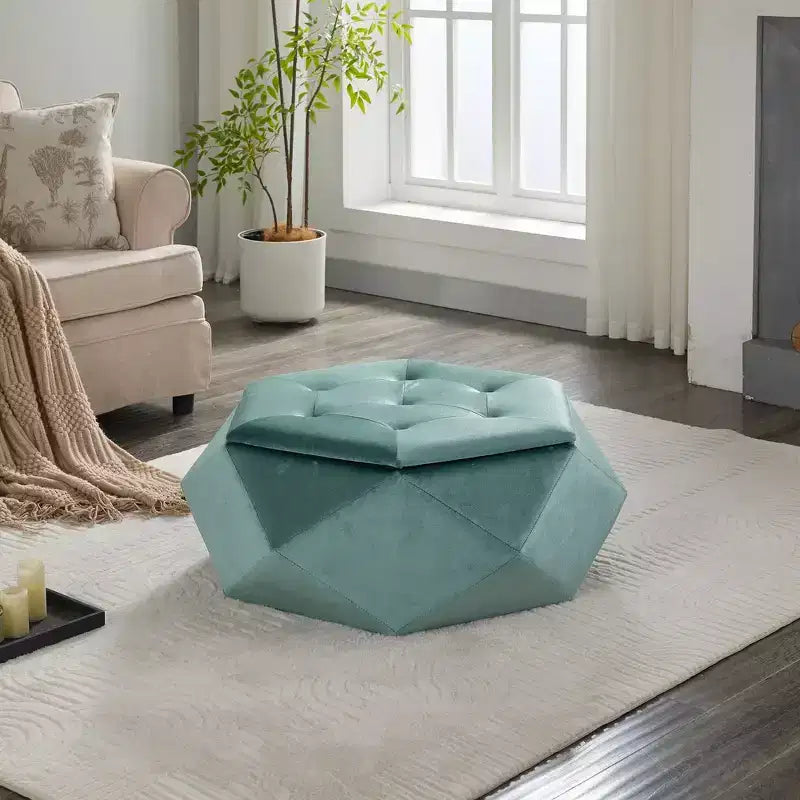 Puf otomano de almacenamiento hexagonal de terciopelo – Tapa capitoné, multifuncional, 150 kg de capacidad