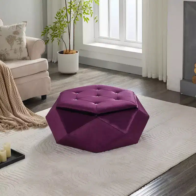Puf otomano de almacenamiento hexagonal de terciopelo – Tapa capitoné, multifuncional, 150 kg de capacidad