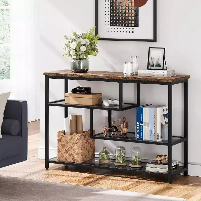 Mesa de sofá estrecha de 39.4 pulgadas con estante de almacenamiento de 4 niveles, mesa de entrada para sala de estar, vestíbulo, pasillo, recibidor, marrón rústico
