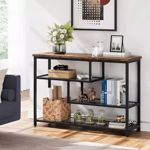 Mesa de sofá estrecha de 39.4 pulgadas con estante de almacenamiento de 4 niveles, mesa de entrada para sala de estar, vestíbulo, pasillo, recibidor, marrón rústico