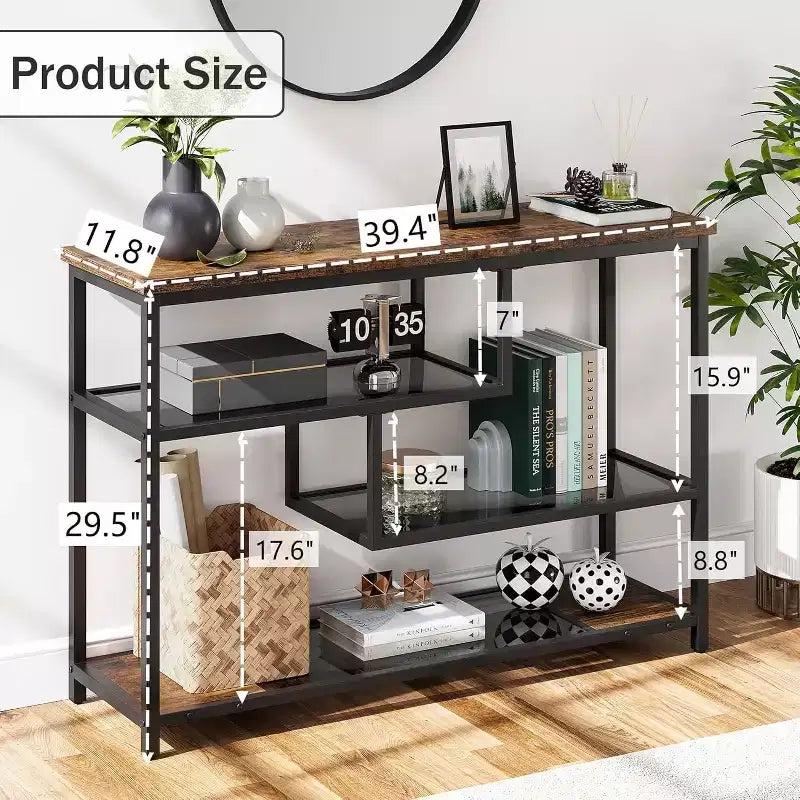 Mesa de sofá estrecha de 39.4 pulgadas con estante de almacenamiento de 4 niveles, mesa de entrada para sala de estar, vestíbulo, pasillo, recibidor, marrón rústico