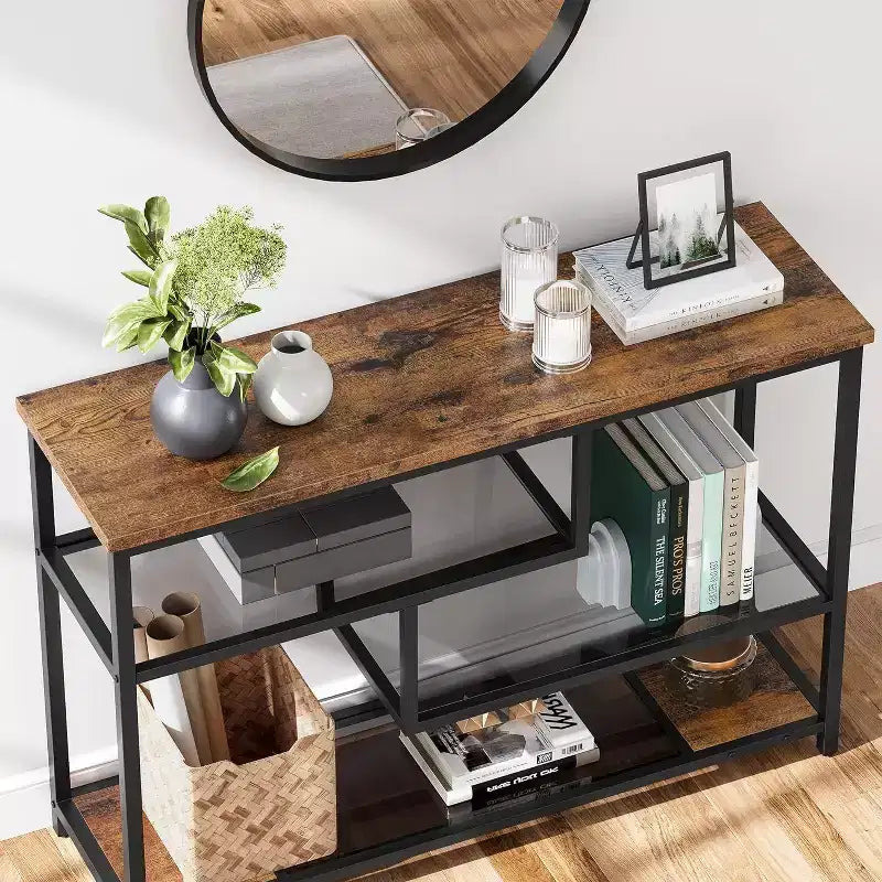 Mesa de sofá estrecha de 39.4 pulgadas con estante de almacenamiento de 4 niveles, mesa de entrada para sala de estar, vestíbulo, pasillo, recibidor, marrón rústico