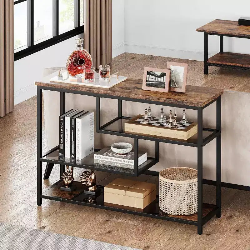 Mesa de sofá estrecha de 39.4 pulgadas con estante de almacenamiento de 4 niveles, mesa de entrada para sala de estar, vestíbulo, pasillo, recibidor, marrón rústico
