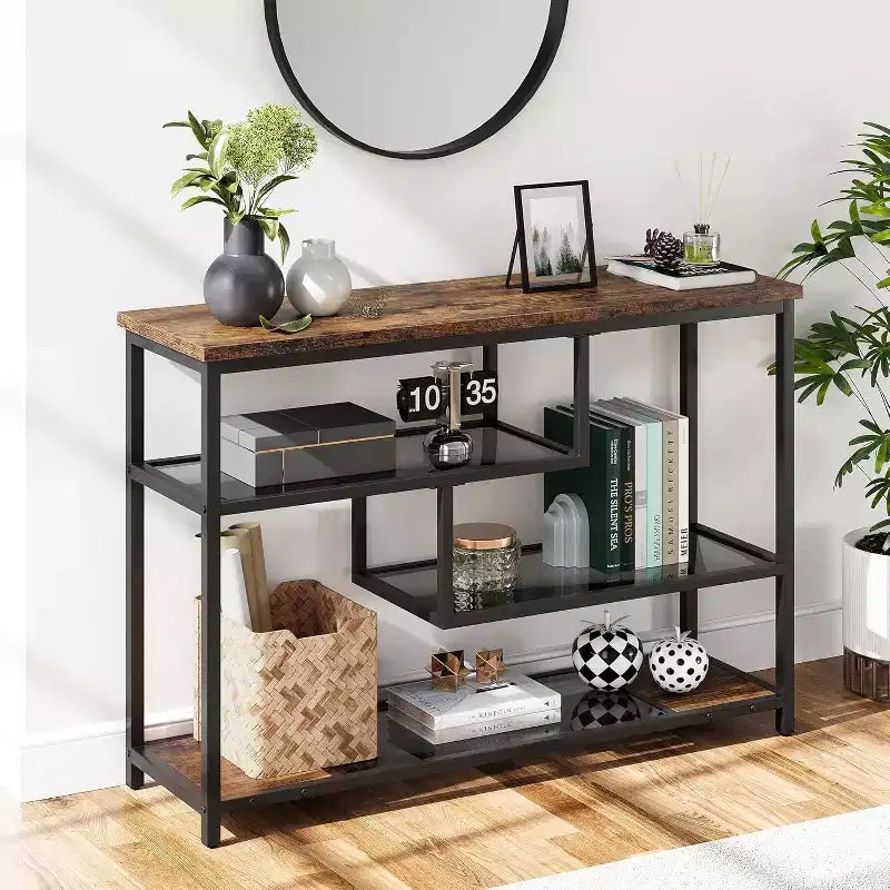 Mesa de sofá estrecha de 39.4 pulgadas con estante de almacenamiento de 4 niveles, mesa de entrada para sala de estar, vestíbulo, pasillo, recibidor, marrón rústico