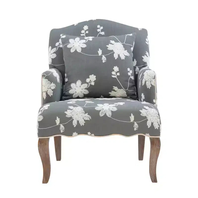 Sillón decorativo de lino con bordado floral tradicional – Gris, ribete color crema, 1 cojín