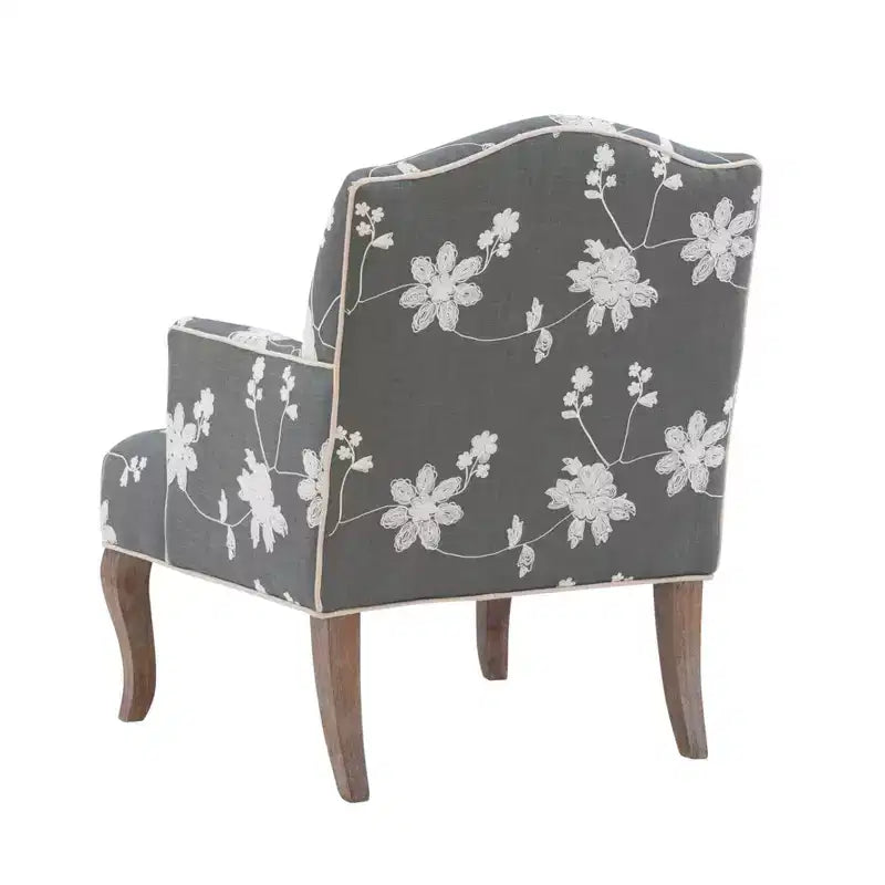 Sillón decorativo de lino con bordado floral tradicional – Gris, ribete color crema, 1 cojín
