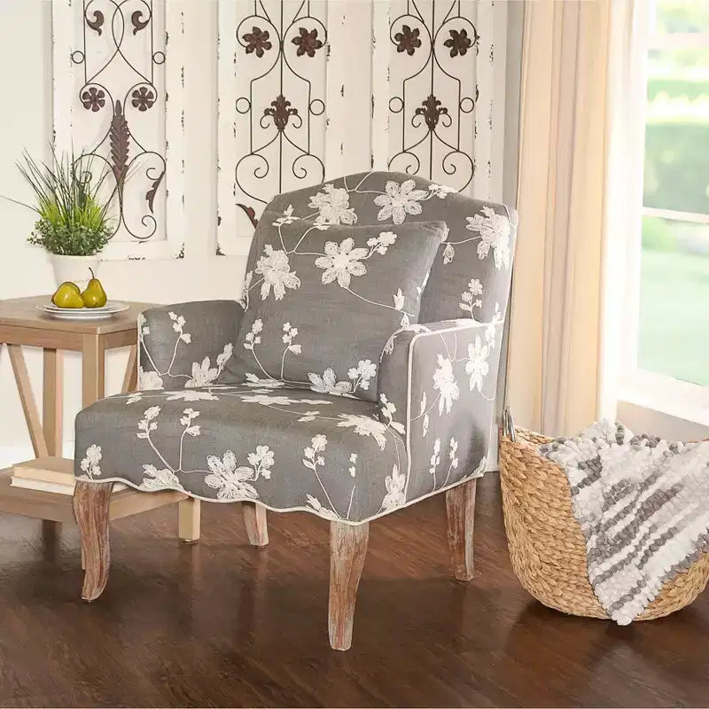 Sillón decorativo de lino con bordado floral tradicional – Gris, ribete color crema, 1 cojín