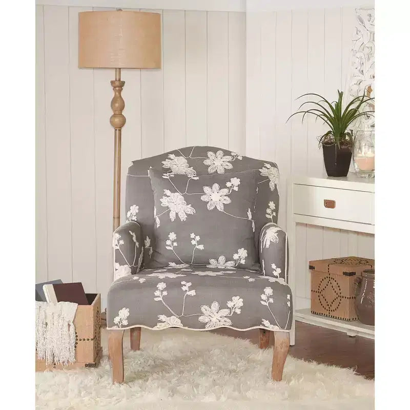 Sillón decorativo de lino con bordado floral tradicional – Gris, ribete color crema, 1 cojín