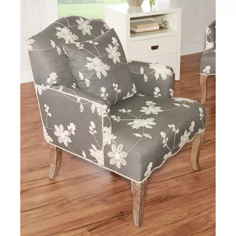 Sillón decorativo de lino con bordado floral tradicional – Gris, ribete color crema, 1 cojín