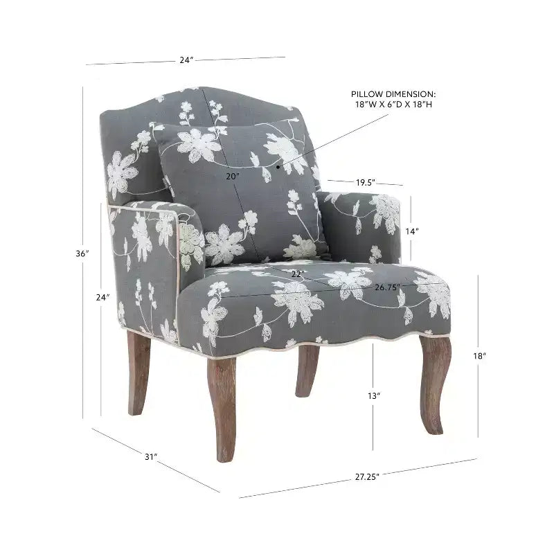 Sillón decorativo de lino con bordado floral tradicional – Gris, ribete color crema, 1 cojín